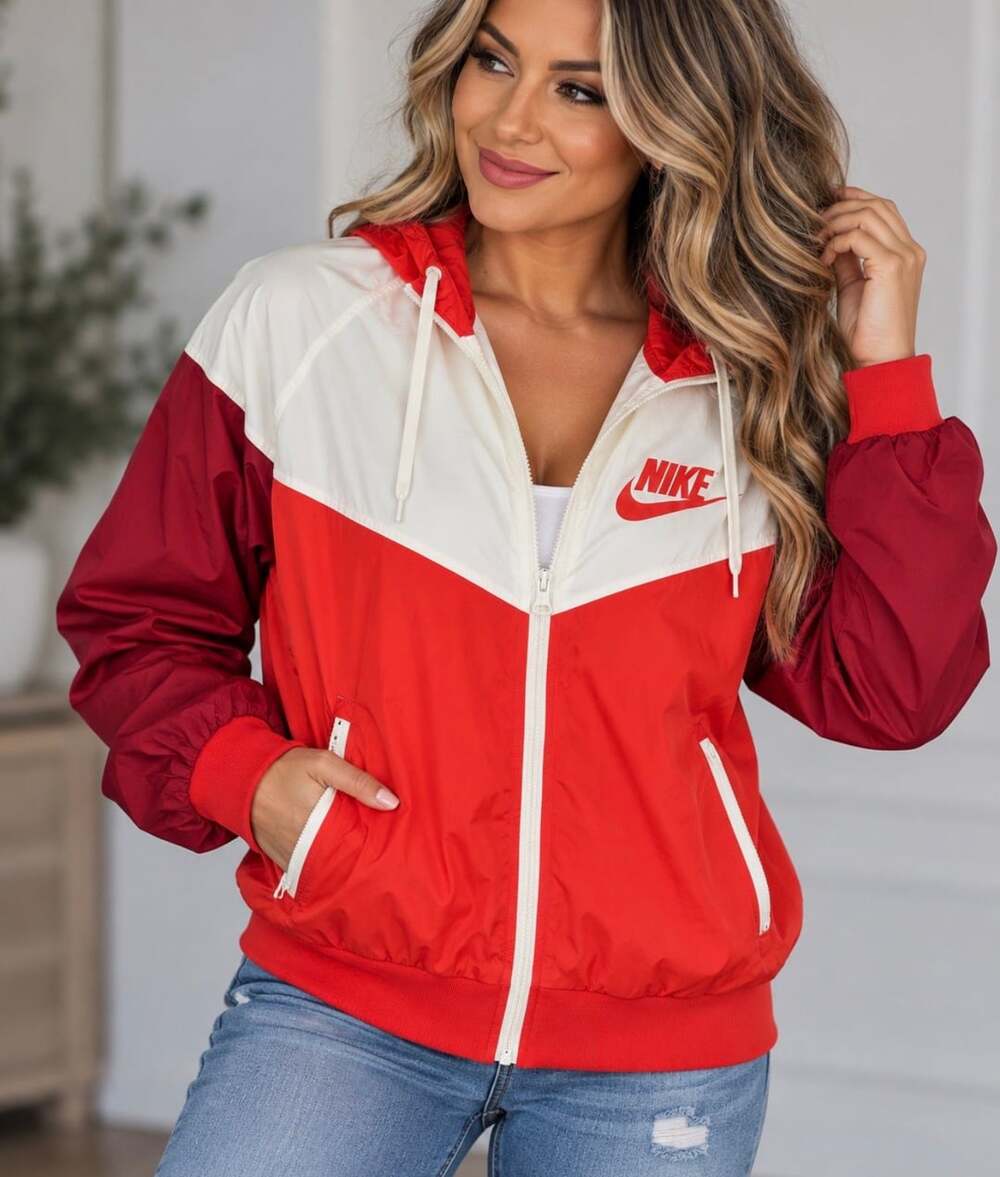 Nike Windrunner Jacket Women’s Size M Red White Hooded Full Zip